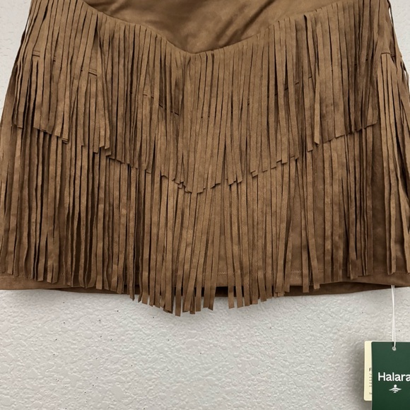Halara Crossover High Waisted 2-in-1 Fringe Hem Bodycon Mini Skirt Faux Suede L - Picture 4 of 8